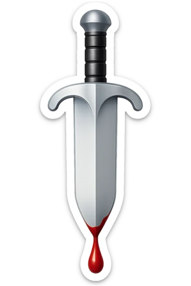 Rotate the sword to be perfectly vertical, keep the exact same type, proportions, and details. Change the finish from iron to realistic, lighter, shiny steel. Add blood dripping from the tip. The style should resemble apple style emojis with a transparent background. sticker