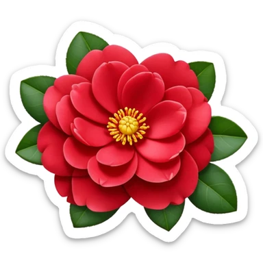 simple red camellia flower with exactly five overlapping petals and yellow center sticker