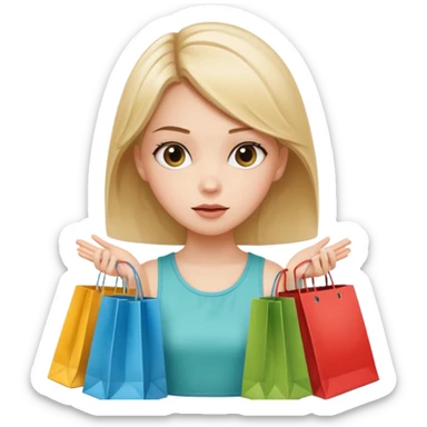 Cozy girl looking left and right between two shopping bags, playful puzzled expression — can’t decide between two options sticker