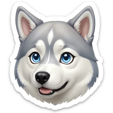 Cinematic Cute Siberian Husky Portrait Emoji, Head tilted playfully and inquisitively, featuring a lush grey and white coat with striking accents, round, sparkling icy blue eyes filled with curiosity, Simplified yet irresistibly adorable features, highly detailed, glowing with a crisp, friendly glow, high shine, affectionate and lively, stylized with a touch of whimsy, bright and endearing, soft glowing outline, capturing the essence of a mischievous yet loving pup, so playful it feels like it could dash out of the screen and into your arms! sticker