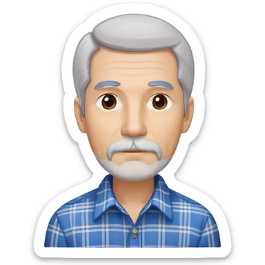 Thin older Hispanic man with light complexion. Elongated slim face with wise expression. Relaxed brown eyes. Long straight fine gray-white hair that covers the ears with soft fringe in front. White mustache connected to chin beard. Lean physique. Wearing a beige and blue plaid long-sleeved shirt. sticker