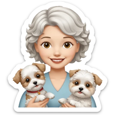 silver, short, wavy-haired with loose curls, smiling pretty lady holding a white west highland terrier dog and a white and tan shih tzu dog sticker