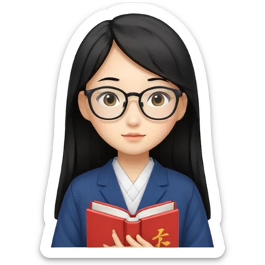 A student, asian girl, long black hair, wearing glasses, japanese uniform, hold book in front of their chest sticker