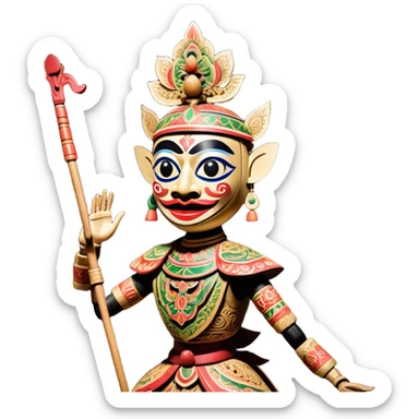 Golek Ayun-ayun – Cinematic Realistic Wayang Golek Ayun-ayun, depicted as an intricately carved traditional wooden puppet with vibrant painted details and expressive features, set on a dimly lit stage with dramatic shadows that evoke centuries of Indonesian theatrical heritage, rendered with lifelike textures and subtle ambient glow. sticker