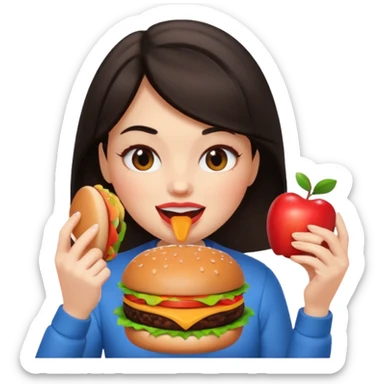 a girl with dark hair eating a burger, apple memoji style, winking sticker