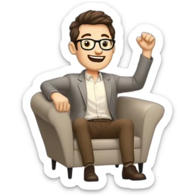 Joyful Celebrating victory Hands up Pale skinned Fit Man With dark brown hair in gray jacket, beige office shirt, Brown pants and vintage glasses sitting In a soft chair sticker