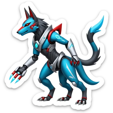 White and blue and cyan and red cyberpunk intricate neon glowing grey white futuristic cyborg-Anubis-Zeraora-Zoroark-fusion (full body) sticker