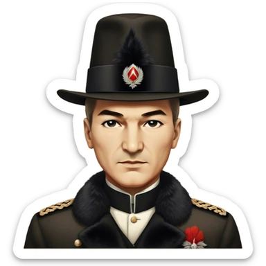 ​Cinematic Realistic Portrait of a Young Mustafa Kemal Atatürk, depicted wearing an iconic tall black fur hat along with traditional attire, his confident, visionary expression illuminated by warm, inspiring lighting, rendered with rich historical textures that capture his youthful dynamism and transformative leadership, sticker