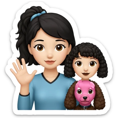 Ponytail black hair girl with brown Poodle say goodbye  sticker