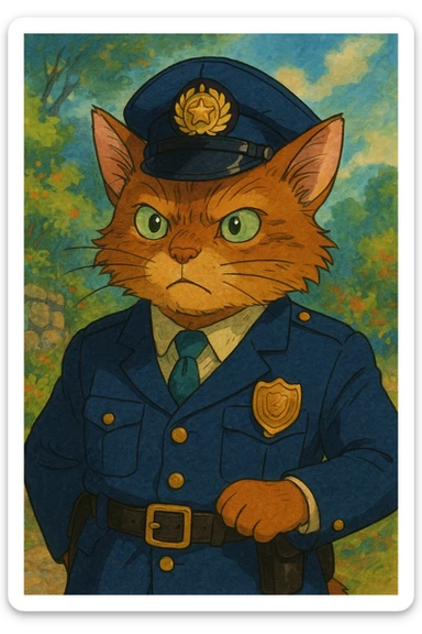 a police officer with a cat body, different artistic style, detailed, expressive sticker
