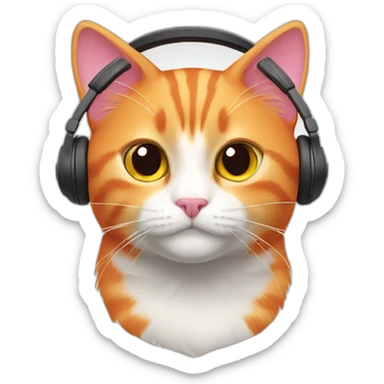 orange cat, pink nose, white nose bridge, white mouth, white chest, red headphones sticker