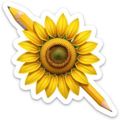 A hyper-realistic object that is half sunflower and half wooden pencil, merging seamlessly at the midpoint. Bright yellow petals, natural textures, detailed graphite tip, soft studio lighting, high-resolution. sticker