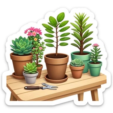 Close-up of a potted sapling with vibrant flowering plants around it, in rich soil. Sunlight filters through the window, casting soft shadows. Cozy indoor garden with blooming flowers, succulents, and gardening tools placed neatly on a wooden table. sticker