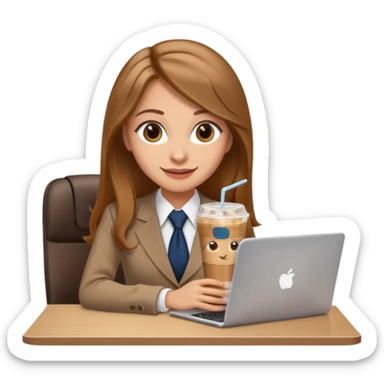 Women in front of laptop with a happy face, long light brown hair, light brown big eyes, light skin with a iced coffee on the side, business attire sticker