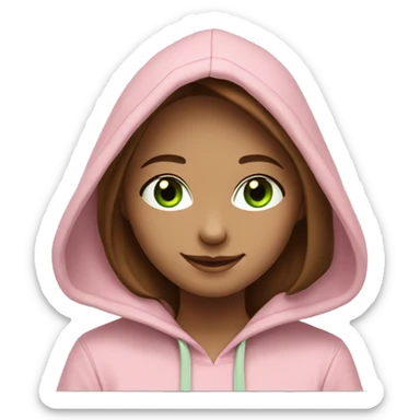 a girl with brown long hair, fair skin, green eyes, works relaxed and smiling at a modern laptop in a monochrome pale pink hoodie with a hood that is slightly pulled over her head sticker