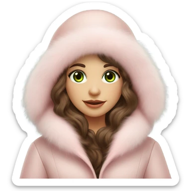 Beautiful Slavic green eyes girl with brown wavy long hair in a big light pink fur hat and matching Mink fur coat sticker