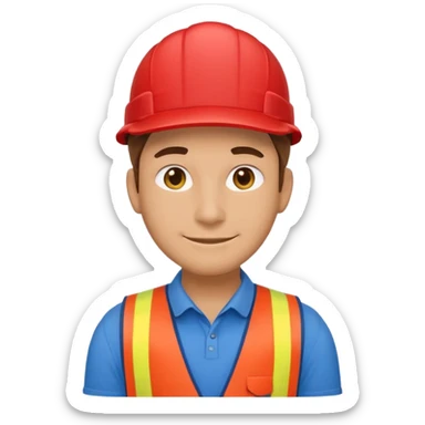clean, minimalist emoji-style character, Lowe’s store associate, front-facing, red vest, blue shirt, blue cap, soft smile, rounded facial features, sticker-like outline, no logos, no text sticker