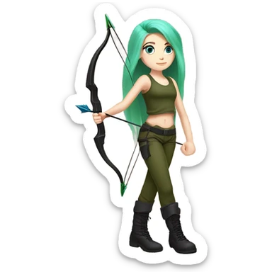 girl armed with bow and arrow, long pink hair, blue eyes, white skin, army green cargo pants, black tank top, black combat boots, elf ears sticker