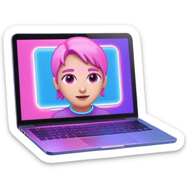laptop computer with video call showing a person on screen, pink and light blue interface, with neon glow lines, blue neon light on top left, purple neon light on bottom right sticker