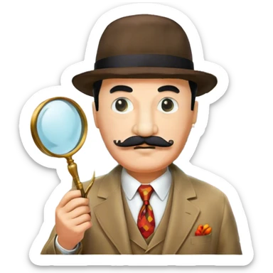 Icon for Detective Poirot: A colorful collage featuring Hercule Poirot in his iconic suit, with a mustache and a magnifying glass. Include a dark, mysterious city background and subtle clues like fingerprints or a crime scene. Retro movie poster style. Transparent background. sticker