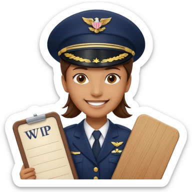 Slack-style emoji of a pilot wearing a navy captain hat holding a board with the text "WIP" on it sticker