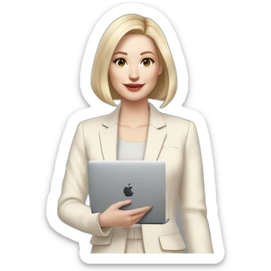 pale skin woman with ash blonde Straightened bob Hair, White Spacious classical jacket, beige palazzo Arrow pants and gray blouse holding a MacBook in the hands sticker