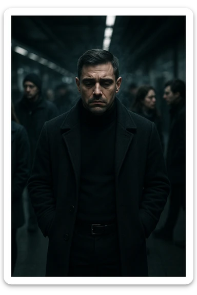 A cinematic shot of a man in his early 30s standing still in the middle of a crowded urban environment — perhaps a subway platform or office hallway — surrounded by blurred, cold-looking people facing away from him or speaking among themselves, ignoring him completely. The man has a heavy, emotionally drained expression, shoulders slightly slouched, hands in his coat pockets. He stands out in sharp focus while the others are dimly lit, grey-toned, and in motion blur. The lighting is harsh and cool, with strong shadows and low saturation to emphasize emotional isolation. A subtle dark aura or mist lingers around the man’s body, visually conveying the weight of negativity and emotional pressure. Shot in 35mm cinematic style, high realism, with a desaturated color palette and shallow depth of field sticker