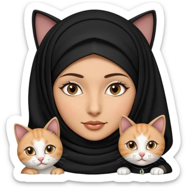 A Arabic woman human with brown eyes and black hijab. , the human is a human, two cats, the both cats is blackwhite,,  NO CAT EARS ON THE HUMAN ,  sticker