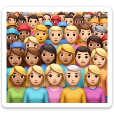 3D iPhone style emoji of a crowd of people, diverse individuals standing close together, colorful clothing, isolated on white background, soft shadows, high detail, playful and cute. sticker
