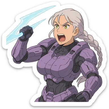 female, wearing reach spartan armor default, long white braid hair, gold yellow eyes, attention pose, HALO:series, no helmet, the armor is lavender color scheme, shoulder pad off. DDD bust size fitting. Punk gothic cyberpunk, brandishing a covenant energy sword, preparing to swing and yelling sticker