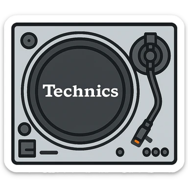 flat vector icon of a Technics turntable, simplified shapes, silver and black, clear tonearm and platter sticker