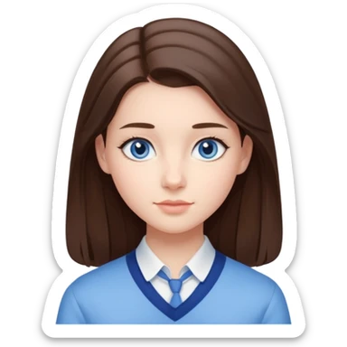 Realistic Student Portrait, with porcelain-like skin featuring a natural rosy flush, iHer Brunette Half-Up Style for Straight  hair flows in soft, Her deep blue eyes radiate warmth and innocence,  wear light blue preppy style. sticker