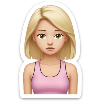 Create a young woman with long blonde hair, golden eyes, and medium-light skin tone, wearing a light pink tank top and leggings. She should be in portrait mode, but with a subtle doubting facial expression—slightly raised eyebrow, small frown, .  and her hand next to her chin likethinking face emoji sticker