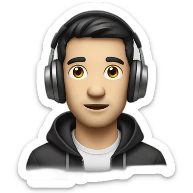 White music producer with dark hair and a 5 o’clock shadow, wearing headphones sticker