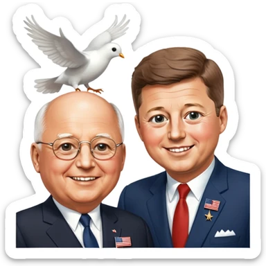 John F. Kennedy and Mikhail Gorbachev side by side, smiling, friendly diplomatic atmosphere, small peace symbols and doves, US and USSR flags as accents sticker