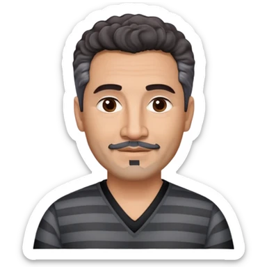 Latino theatre director in his late 40s with cinnamon skin. Square structured face. Approachable expression with gentle smile. Calm dark eyes. Thick eyebrows. Well-groomed black goatee with a few gray hairs. Short curly dark hair. Wearing a black V-neck shirt with gray stripes. sticker