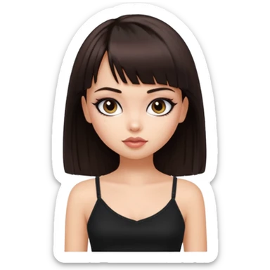 generate a pretty bratz girl in black cami top, dark brown straight bob hair with bangs, eyeliner on, sticker