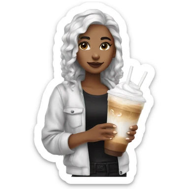 Girl with black and white split dye hair drinking an iced latte sticker