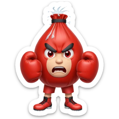 Gota de agua de color rojo con cara de enfado y unos guantes de boxeo, que tenga brazos y piernas musculados sticker