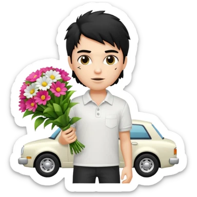 generate a pretty fair bratz boy with a messy mullet (black hair), wearing a white polo.  carrying a bouquet made of money. expensive car behind him sticker