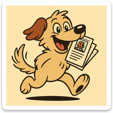 Maintain the friendly, classic cartoon style of the dog. Make the dog look even more playful and energetic with a bigger smile and a wagging tail. Remove the hands and bag. Have the dog happily carrying several resumes in its mouth, emphasizing a joyful and lively expression. sticker