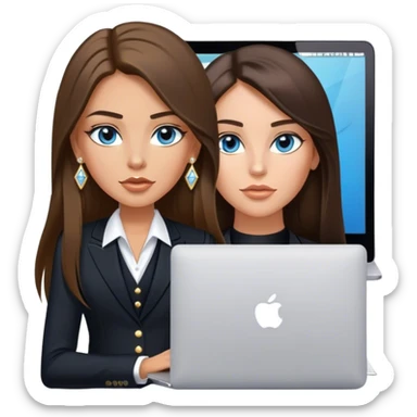 Model sexy tanned beautiful girl with pump nude lips and brunette straight long hair, straight hair parting, blue eyes with MacBook and black, black suit vest, V-neck, and white gold stud earrings with small diamond sticker