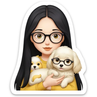 A beautiful girl with long black hair and glasses is holding a long-haired white and yellow puppy sticker