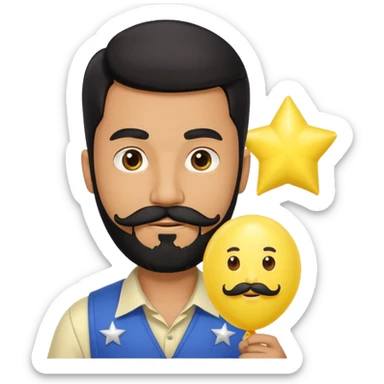 man with black bead and mustache holding star yellow balloon  sticker