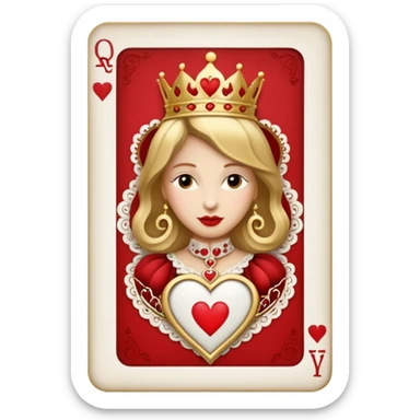 a playing beige and white card depicting the Queen of Hearts in gold sticker