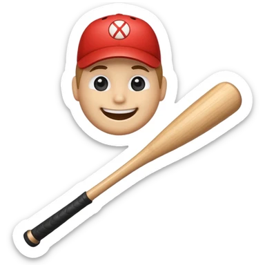 Thick wooden stick with a smiling face holding a baseball bat. sticker