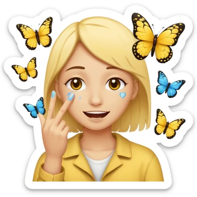 yellow circle face holding back tears of joy and a peace sign and butterflies  sticker