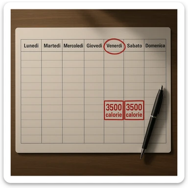 A hyperrealistic weekly calendar viewed from above in Italian, showing days from Monday to Sunday. Friday is circled in red. Below both Saturday and Sunday, the text '3500 calorie' is highlighted inside a red box. The image has 4K details and a desk atmosphere. sticker