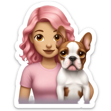  girl with medium pink wavy hair holding a brown and white french bulldog puppy  sticker