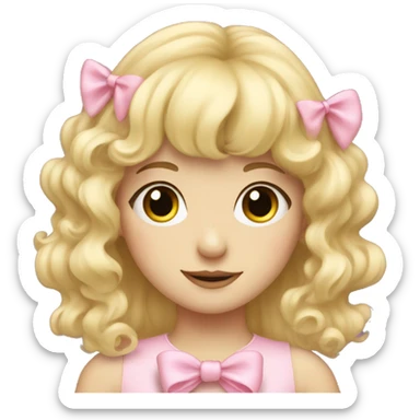 Blonde pale girl with bangs and pink bows in her curly, long hair  sticker